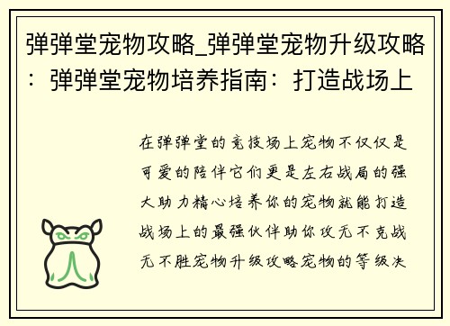 弹弹堂宠物攻略_弹弹堂宠物升级攻略：弹弹堂宠物培养指南：打造战场上的最强伙伴